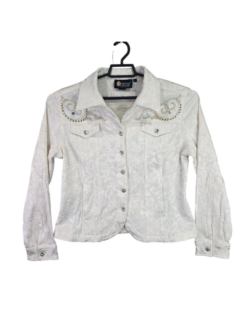 Womens Christine Alexander White Jacquard Embellished Button-Up Jacket Size L